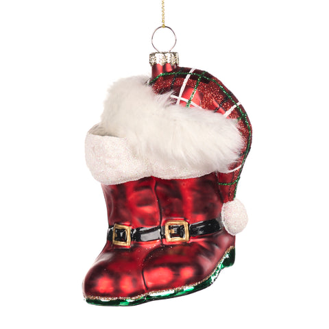 Addobbo Natalizio Stivale di Babbo Natale 12cm in Vetro con Pelliccia