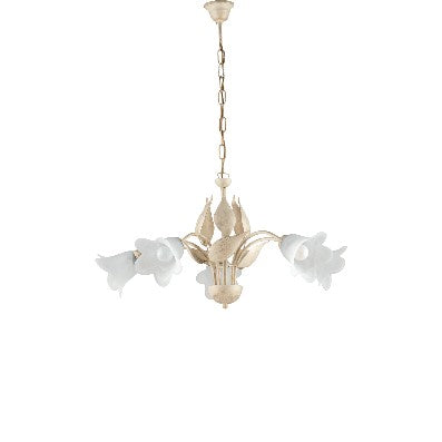 Lampadario Shabby Chic in Ferro Bianco e Argento o Avorio e Oro con Vetri Alabastro – Avorio / Oro – 5 luci