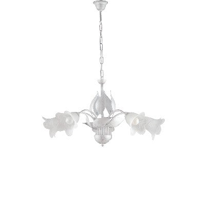 Lampadario Shabby Chic in Ferro Bianco e Argento o Avorio e Oro con Vetri Alabastro – Bianco / Argento – 5 luci