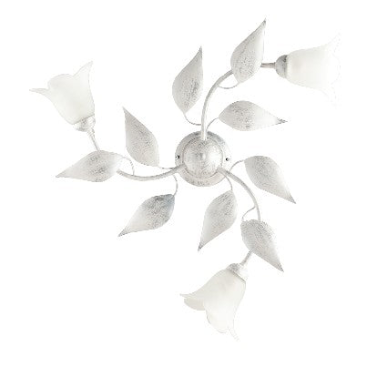 Plafoniera Shabby Chic in Ferro Bianco e Argento o Avorio e Oro con Vetri Alabastro – Bianco / Argento – 3 luci