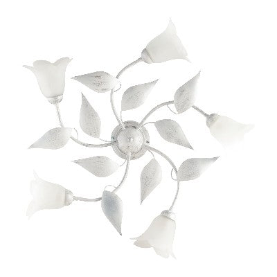 Plafoniera Shabby Chic in Ferro Bianco e Argento o Avorio e Oro con Vetri Alabastro – Bianco / Argento – 5 luci