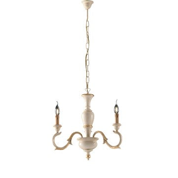 Lampadario Shabby Chic in Legno Bianco o Avorio e Foglia Oro – Avorio / Foglia oro – 3 luci