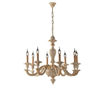 Lampadario Shabby Chic in Legno Bianco o Avorio e Foglia Oro – Avorio / Foglia oro – 8 luci
