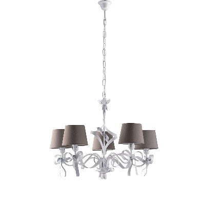 Lampadario Shabby Chic in Ferro Bianco con Paralumi Tortora – Bianco Shabby – 5 luci