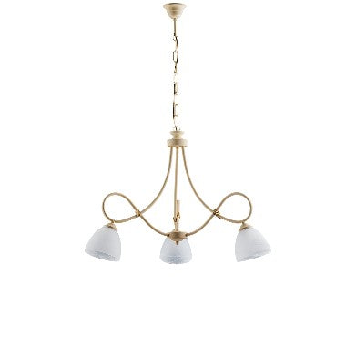 Lampadario Vintage in Ferro Nero Ruggine o Avorio Decapé con Vetri Alabastro – Avorio / Decapè – 3 luci – Ø58 cm