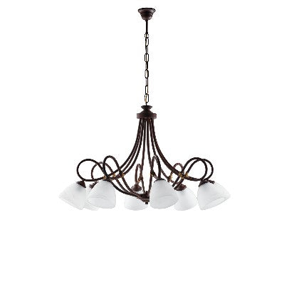 Lampadario Vintage in Ferro Nero Ruggine o Avorio Decapé con Vetri Alabastro – Nero / Ruggine – 8 luci