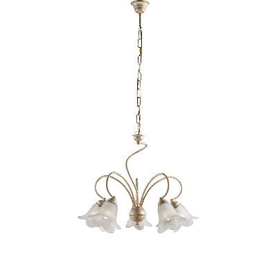 Lampadario Vintage in Ferro Marrone o Avorio e Oro con Vetri Alabastro – Avorio / Oro – 5 luci