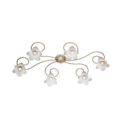 Plafoniera Vintage in Ferro Marrone o Avorio e Oro con Vetri Alabastro – Avorio / Oro – 6 luci