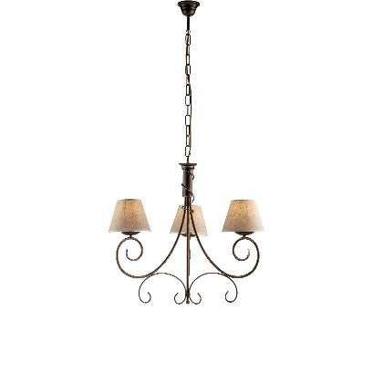 Lampadario Vintage in Ferro Marrone o Avorio e Oro con Paralumi Effetto Juta – Marrone / Oro – 3 luci