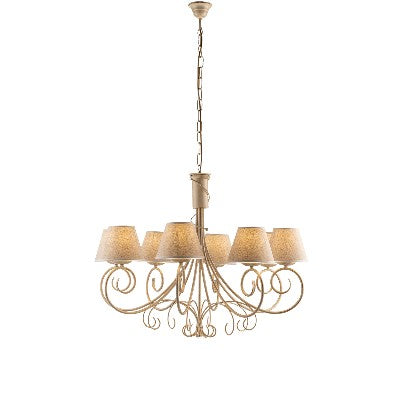 Lampadario Vintage in Ferro Marrone o Avorio e Oro con Paralumi Effetto Juta – Avorio / Oro – 8 luci