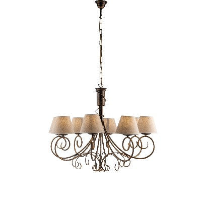 Lampadario Vintage in Ferro Marrone o Avorio e Oro con Paralumi Effetto Juta – Marrone / Oro – 8 luci
