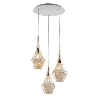 Lampada a Sospensione Moderna con Vetri Pyrex Trasparenti, Ambra o Grigi – Ambra – 3 luci rosone tondo