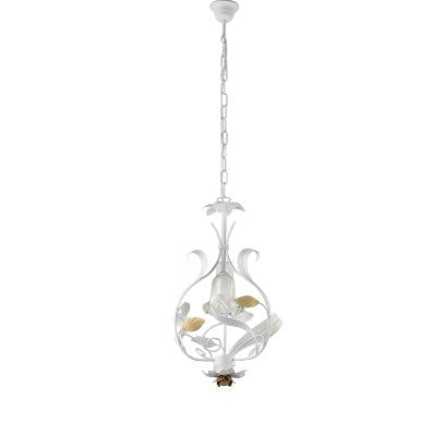Lampadario Shabby Chic in Ferro Bianco Shabby o Avorio Decapé – Bianco / Oro – 1 luce