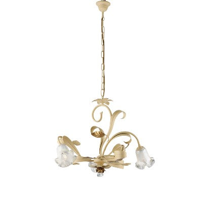 Lampadario Shabby Chic in Ferro Bianco Shabby o Avorio Decapé – Avorio / Oro – 3 luci