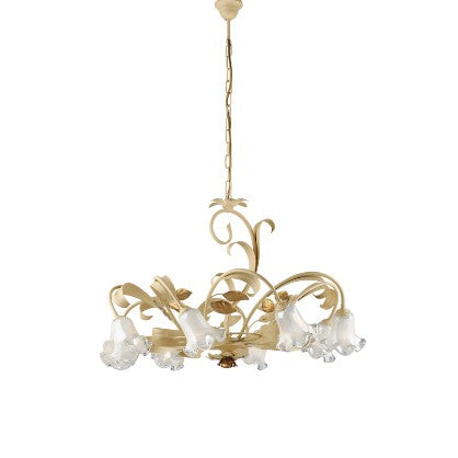 Lampadario Shabby Chic in Ferro Bianco Shabby o Avorio Decapé – Avorio / Oro – 8 luci