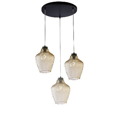 Lampada a Sospensione Moderna con Vetro Soffiato Trasparente, Grigio o Ambra – Ambra – 3 luci
