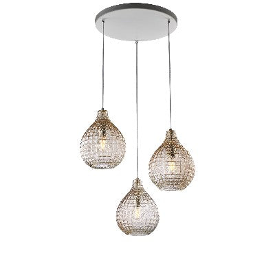 Lampada a Sospensione Moderna con Vetro Soffiato Effetto Cristallo – Ambra – 3 luci rosone tondo