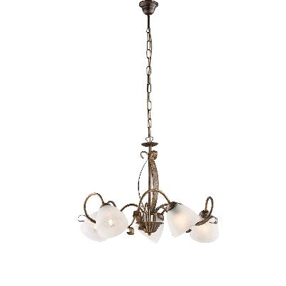 Lampadario Vintage in Ferro Marrone o Avorio e Oro con Vetri Alabastro – Marrone / Oro – 5 luci