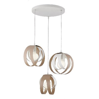 Lampada a Sospensione Moderna in Ferro Traforato Bianco e Tortora o Grigio – Bianco / Tortora – 3 luci rosone tondo