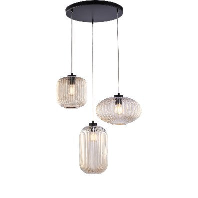 Lampada a Sospensione Moderna con Vetro Soffiato Grigio Specchiato o Ambra – Ambra – 3 luci rosone tondo
