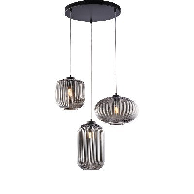 Lampada a Sospensione Moderna con Vetro Soffiato Grigio Specchiato o Ambra – Grigio Specchiato – 3 luci rosone tondo