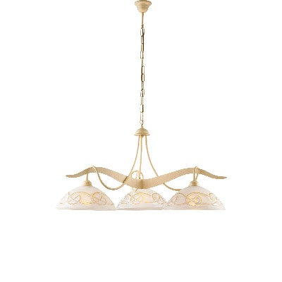 Lampadario Vintage in Ferro Nero Ruggine o Avorio Decapé con Vetri Bianchi e Ambra – Avorio / Decapè – 3 luci