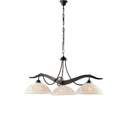 Lampadario Vintage in Ferro Nero Ruggine o Avorio Decapé con Vetri Bianchi e Ambra – Nero / Ruggine – 3 luci