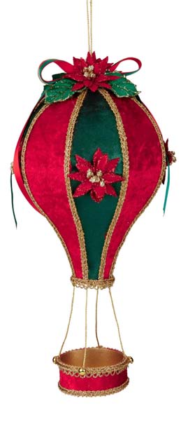 Mongolfiera Natalizia da Appendere in Tessuto 30 cm – Rosso, Verde e Oro con Fiori Glitter