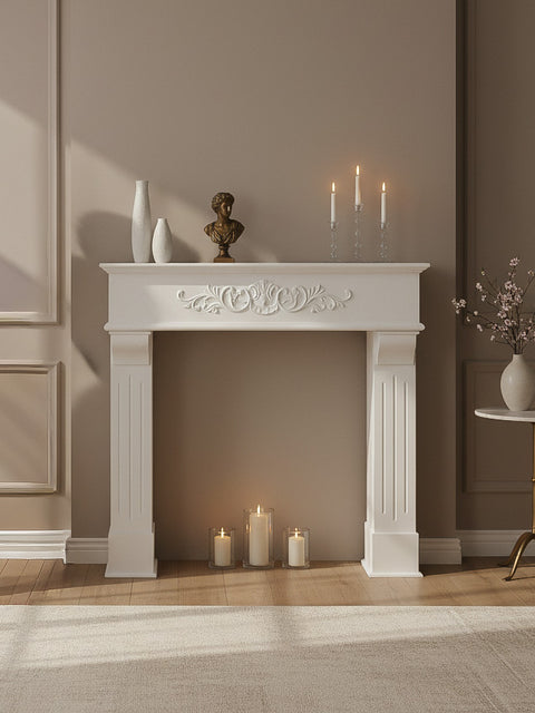Cornice Camino in Legno Bianco con Fregio Shabby Chic - 100x23x97 cm
