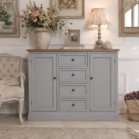 Credenza Shabby Chic Grigia "Vicenzo" in Pino e MDF - 120x40x90 cm