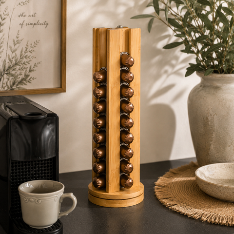 Porta Capsule Caffè Girevole Bamboo Essentials in Bambù 36 Posti – Estia Home, 11x11x34cm