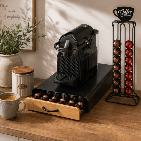 Porta Capsule Caffè con Cassetto Bamboo Essentials Metallo e Bambù 60 Posti – Estia Home, 39x26,5x6cm