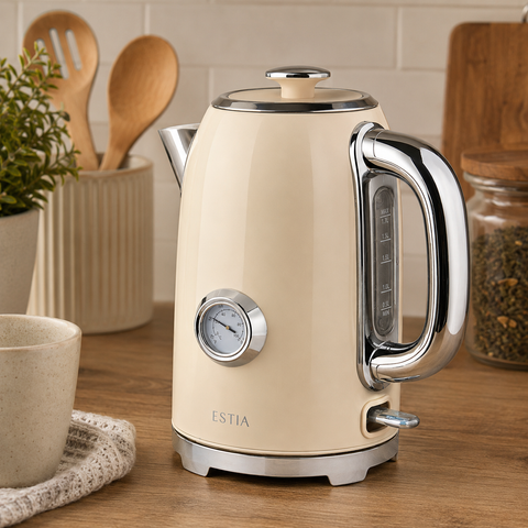 Bollitore Elettrico Retrò Crema in Acciaio Inox 1,7L 2200W – Estia Home, 15,4x20x25,8cm