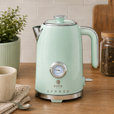 Bollitore Elettrico Retrò Epoque Verde Menta con Termometro 1,7L 2200W – Estia Home, 22x18x26cm