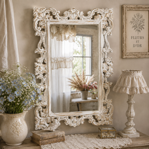 Specchio Barocco con Cornice in Legno Intagliata - Bianco Decapé, 80x120 cm