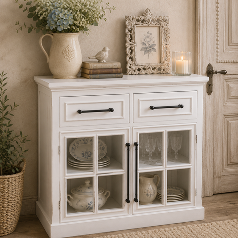 Madia Credenza Bassa in Legno Bianco con 2 Ante a Vetrina e 2 Cassetti - 100x35x97h cm