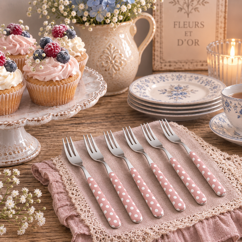 Set 6 Forchettine da Dessert Rosa a Pois in Acciaio Inox - 3x20cm