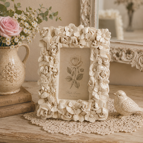 Marco de fotos de resina blanca «Silvy» – Marco rectangular Shabby Chic (7 x 11 y 13 x 18 cm)