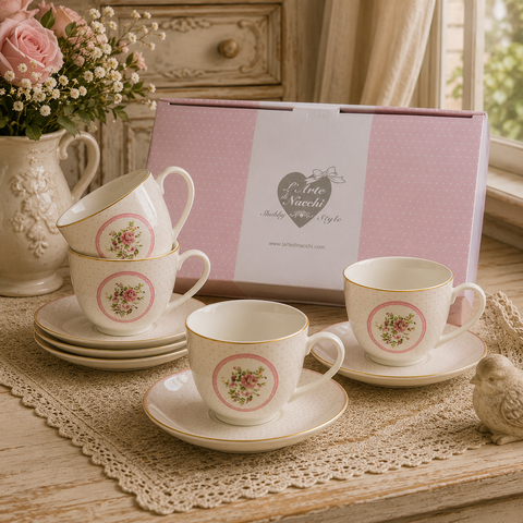 L'Arte di Nacchi – Juego de 4 tazas y platillos de café de cerámica, estilo floral romántico