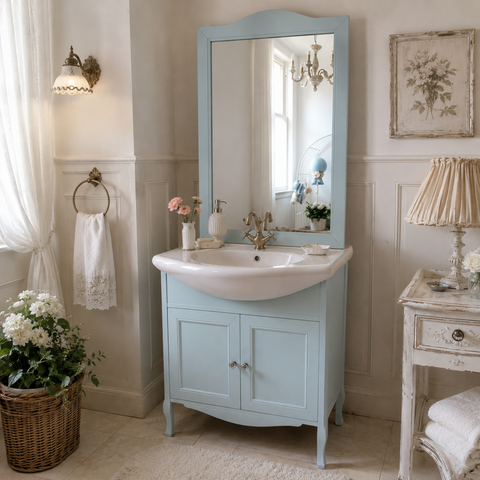 Mobile Bagno Azzurro Polvere con Specchiera e Lavabo in Ceramica - 75x50