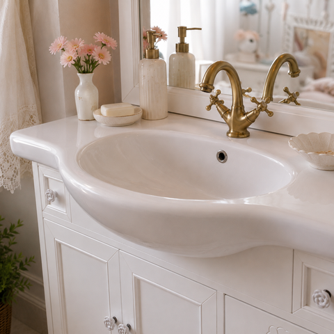 Mobile Bagno Bianco con Specchiera e Lavabo in Ceramica - 105x50cm