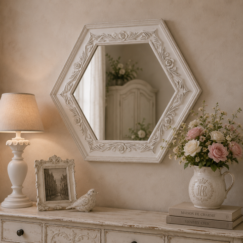 Specchio Esagonale con Cornice in Legno Decorata – 79×68cm
