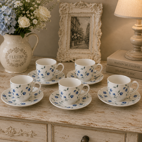 Juego de 6 tazas de café Floret Full Blu – Blanc MariClò | Con platillo de cerámica