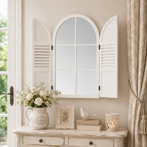 Specchio a Finestra ad Arco in Legno di Abete - 60x99 cm