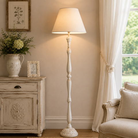 Lampada da Terra Piantana “Ross” in Legno e Lino Bianca - 160 cm