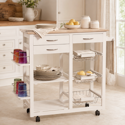 Carrello da Cucina Salvaspazio in Legno con Ruote e Ripiani - 77x37xH82 cm