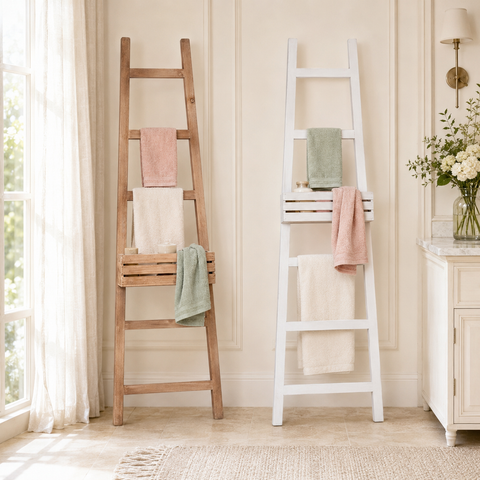 Scala Decorativa in Legno con Cesto Portatutto - 48x165cm