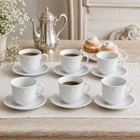 Servizio da Caffe in Porcellana Per 6 Persone - Piattini e Tazzine Abbinate