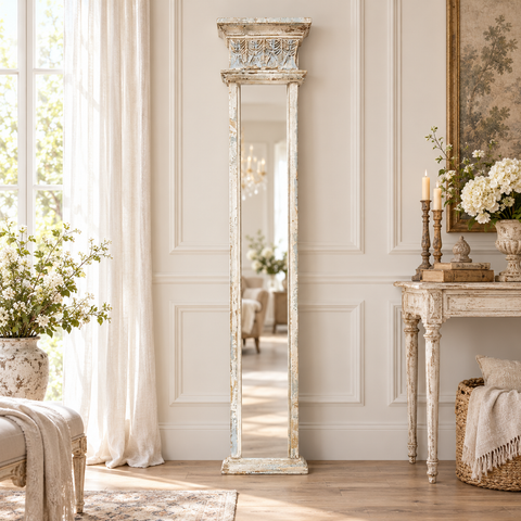 Specchio da Parete Rettangolare Bianco Anticato - Clayre & Eef, 28x145cm