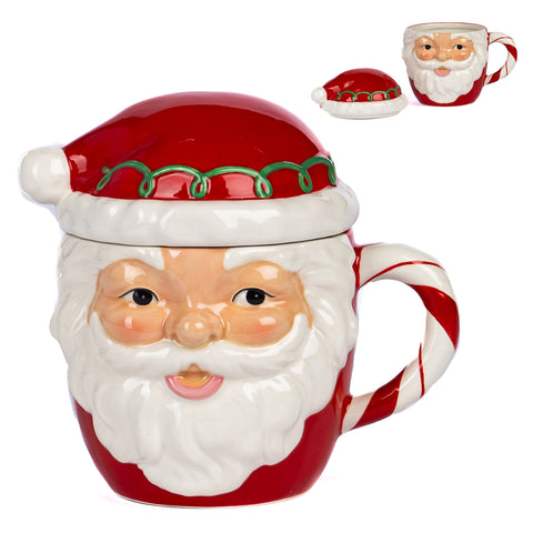 Tazza Natalizia Babbo Natale con Coperchio – Manico Candycane – 15 cm – Lavabile in Lavastoviglie